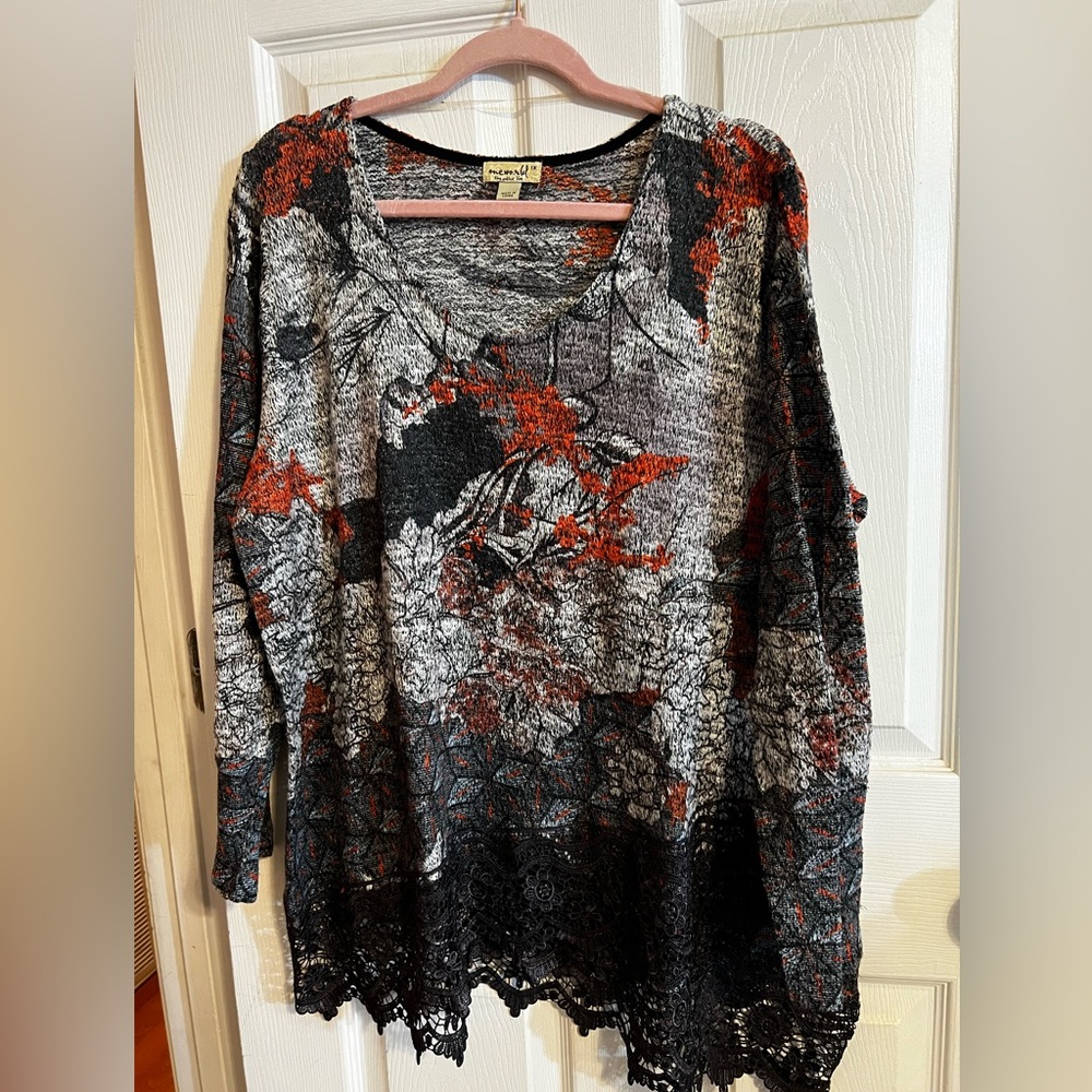 ONE WORLD Multicolor Lightweight Sweater with Lace Trim Detail Sz 1X Ptp 25